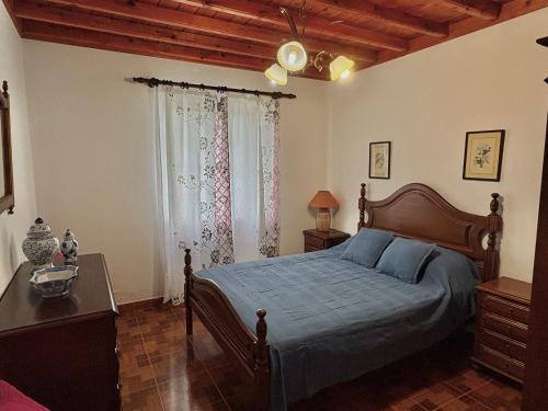 a bedroom with a bed with a blue comforter at Zizi home in Biscoitos