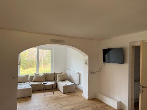 Una sala de estar con un sofá y un televisor de pantalla plana. en Cabana Antonica, en Breaza