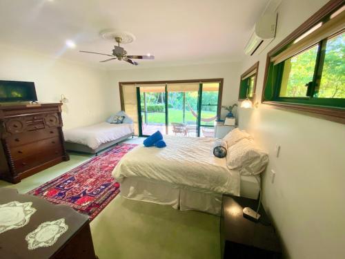 a bedroom with a bed and a tv and a window at Evermoore Homestead in Gleniffer