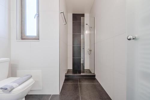 un bagno bianco con doccia e WC di Villa Paris a Palaiokastro