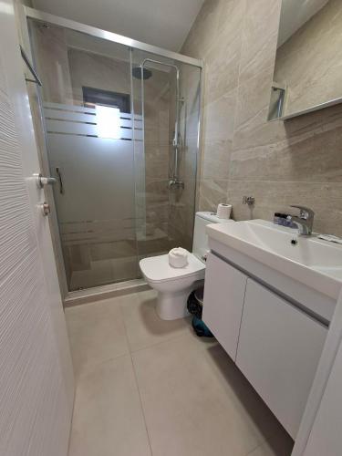 a bathroom with a shower and a toilet and a sink at Hotel Belica in Struga