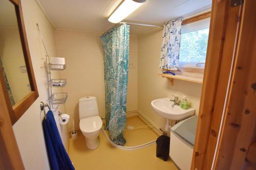a small bathroom with a toilet and a sink at Schwedentraum 