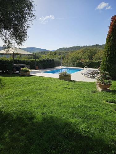 a swimming pool in a yard with a green lawn at Il Casale del Conte in Fratta Todina
