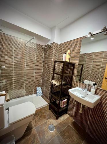 a bathroom with a toilet and a sink and a shower at Casa Palacio Caballeros in Sanlúcar de Barrameda