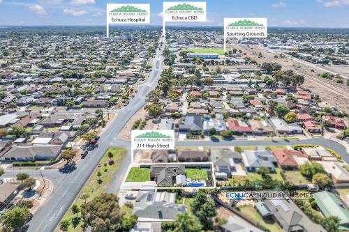 an aerial view of a suburb with houses at Central Echuca Escape, Heated Pool, 3 BDR in Echuca