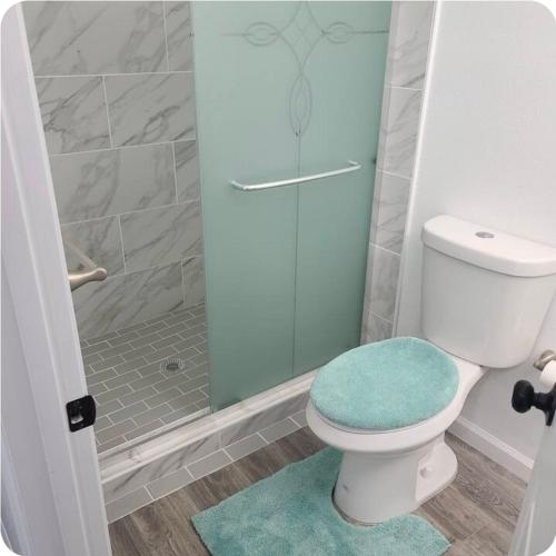 a bathroom with a toilet and a glass shower at Sweet stay near Denver airport in DEN