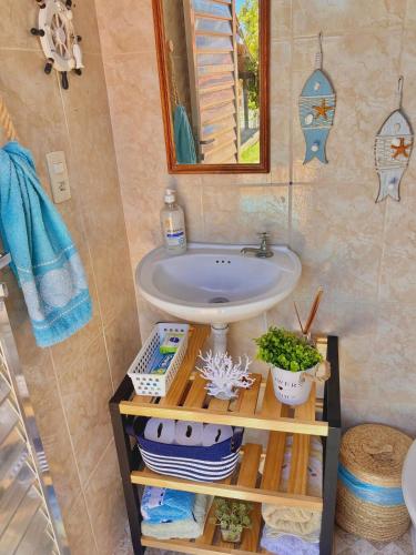 a bathroom with a sink and a mirror at Refúgio Amor de Mãe in Araruama