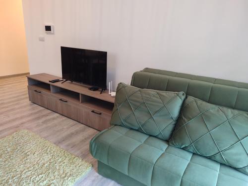 un sofá verde en la sala de estar con TV de pantalla plana en Ski Apartmani Elena, en Kopaonik