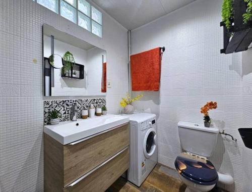 ein Badezimmer mit Waschbecken und Waschmaschine in der Unterkunft Beautiful apartment in Mont des Oiseaux in Hyères