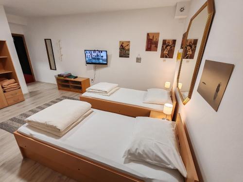 zwei Betten in einem Zimmer mit Spiegel in der Unterkunft Savski Gaj in Zagreb