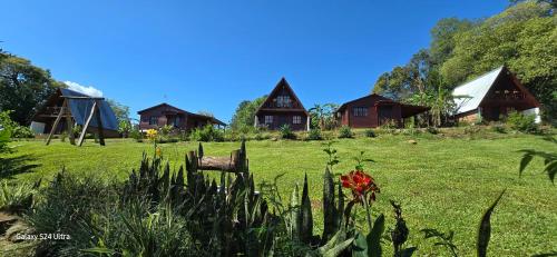un grupo de casas en un campo con césped en Cabañas de los árboles, en Puerto Esperanza