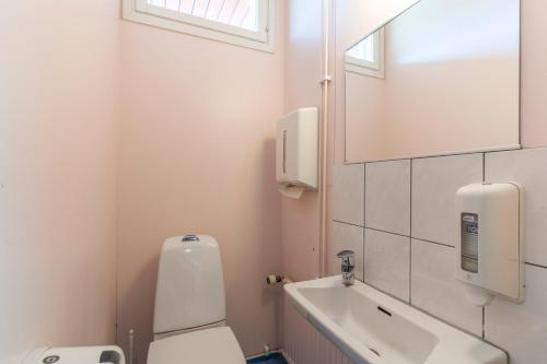 a bathroom with a toilet and a sink and a mirror at Godby Vandrarhem in Godby