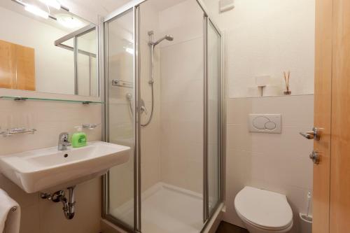 a bathroom with a shower and a sink and a toilet at Alpina Appartements in Nauders