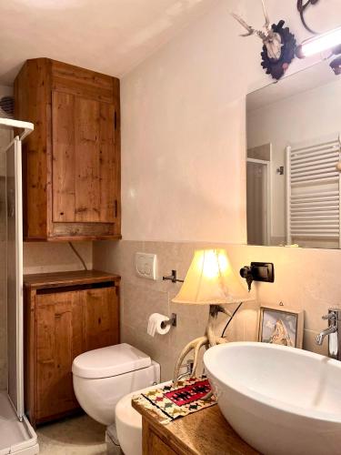 a bathroom with a sink and a toilet and a lamp at Ciasa de Len Cortina in Cortina dʼAmpezzo