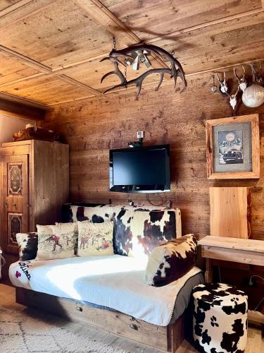 a bedroom with a bed with a tv on the wall at Ciasa de Len Cortina in Cortina dʼAmpezzo