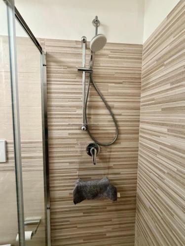 a shower in a bathroom with a wooden wall at Gio's House in Brolo