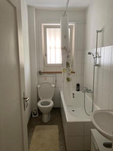 a white bathroom with a toilet and a sink at Zentrale Unterkunft in Bern
