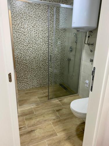a bathroom with a glass shower and a toilet at Vasiljević Apartman Koviljača in Banja Koviljača