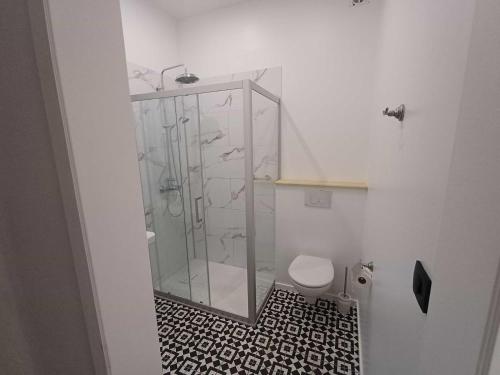 Un baño con ducha de cristal y un inodoro. en Manoir de Salleviale, en Conques-en-Rouergue