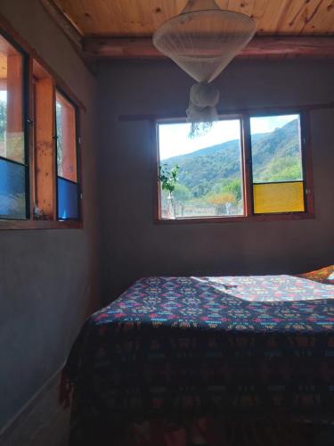 Un dormitorio con una cama y dos ventanas en Pie de Sierra, en Los Hornillos