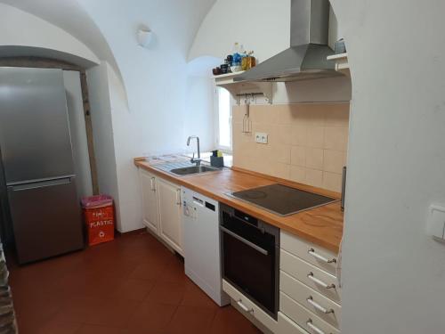 a kitchen with a sink and a counter top at Chalupa Domovina in Jiřetín pod Jedlovou