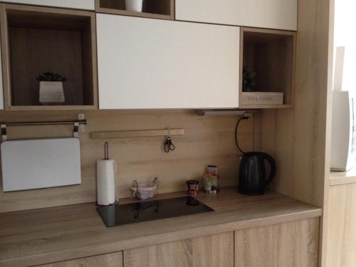 a kitchen with a sink and a counter top at Mikes Apartman in Szekszárd