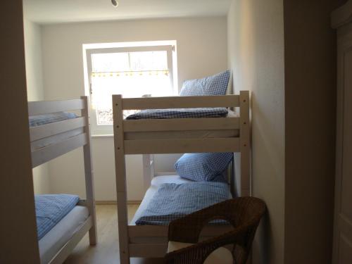 two bunk beds in a room with a window at Apartment Frank - bis zu 3 Schlafzimmer in Rust