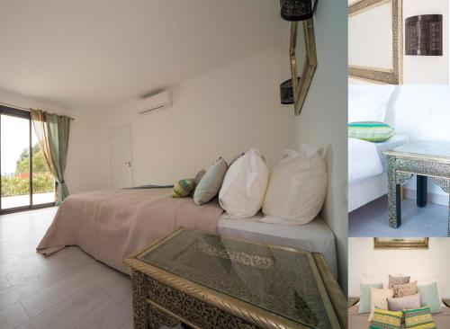 a bedroom with a bed and a glass table at Villa Ruzanna in Mandelieu-La Napoule