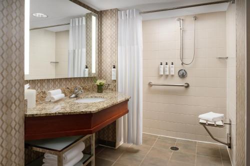 un bagno con lavandino e doccia di Eaglewood Resort & Spa a Itasca