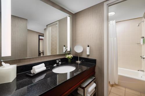 a bathroom with a sink and a mirror at Eaglewood Resort & Spa in Itasca