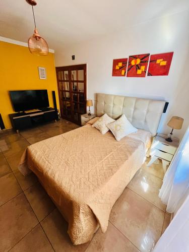 Un dormitorio con una cama y un televisor de pantalla plana. en Dpto a pasos de la peatonal, en Villa Carlos Paz
