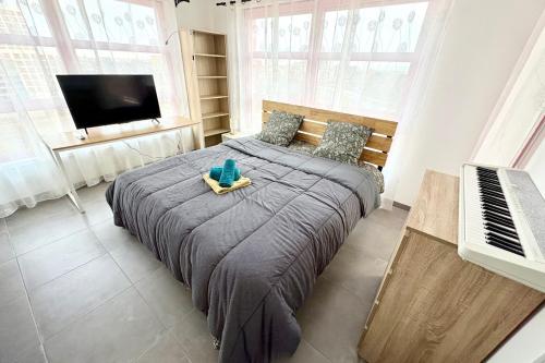 Dormitorio con cama, TV y teclado en Bright studio with a view of the Black Forest, en Estrasburgo