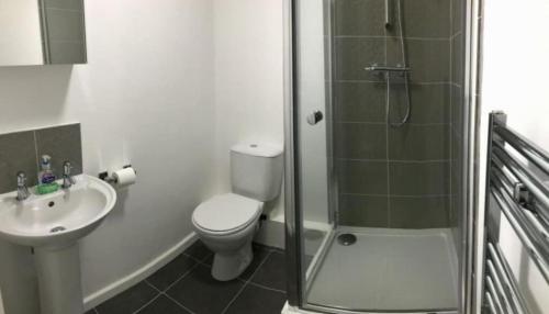 a bathroom with a shower and a toilet and a sink at Cosy 4 Bed House In Solihull Near Town-NEC-BHX in Sheldon