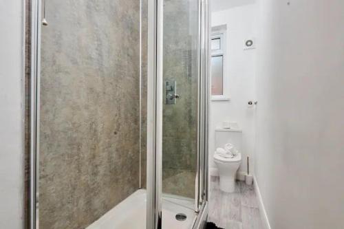un bagno con doccia e WC di The Bluebird B&B II a Headingley