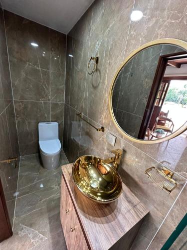 ein Badezimmer mit einem goldenen Waschbecken und einem Spiegel in der Unterkunft Cabaña de Lujo con piscina privada en Pance, Cali in El Bosque