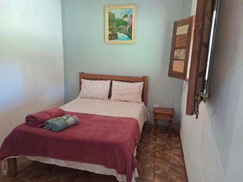 a small bedroom with a bed with a red blanket at Pousada e Restaurante Morro Alto in São João Batista do Glória