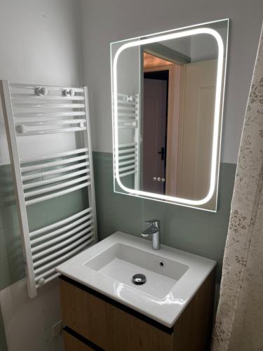 a bathroom with a sink and a mirror at La loge Royale in Cucq