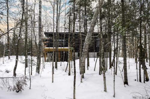a tree house in the woods in the snow at Le 4 sur le lac, Accès au lac, Boisée, BBQ in Wentworth