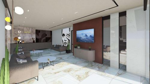 Een impressie van een hotelkamer met een lobby. bij Hotel Select in Tirana