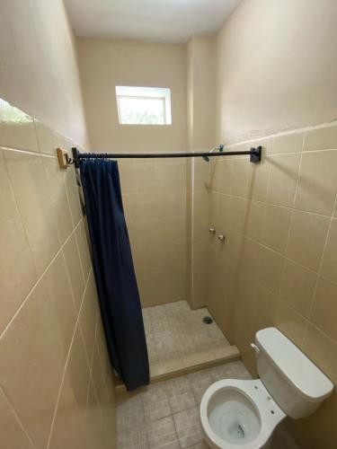 a bathroom with a toilet and a blue shower curtain at Casa de los Abuelos in Itzamatitlán