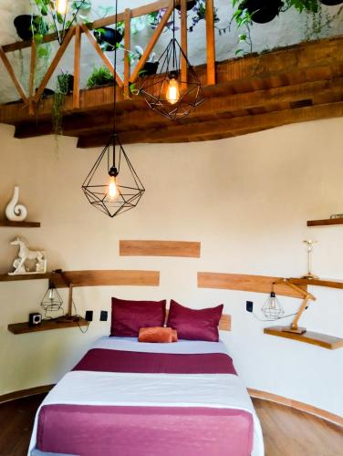 a bedroom with a large bed with purple pillows at Domo Abitare Glamping in Isla de Mezcala