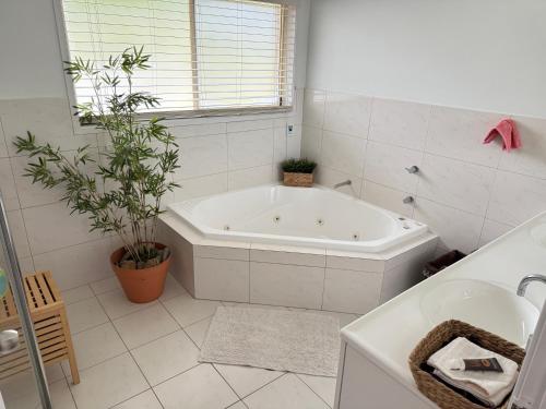 a white bathroom with a tub and a plant at Palacete Beach Resort - entire home in Culburra Beach