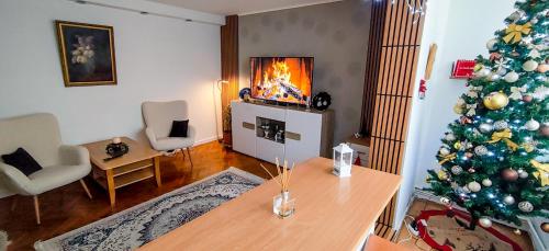 a living room with a christmas tree and a television at Magic Craiova Stay in Craiova