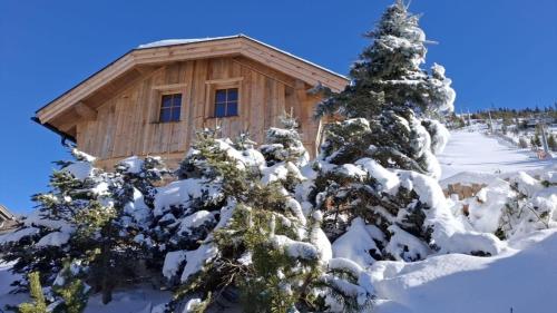una cabaña de madera en la nieve con árboles en Chalet Katschberg Panorama, en Katschberghöhe