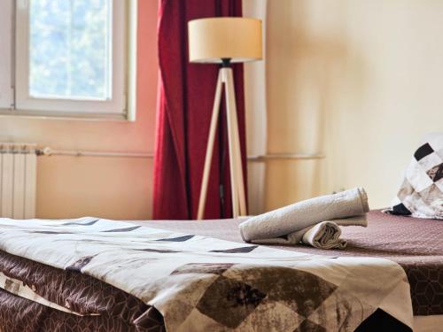 a bedroom with a bed with a lamp on it at Mother Teresa Apartments in Skopje