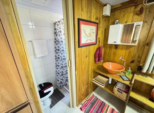 a small bathroom with a toilet and a sink at Casa de 1 quarto a cinco minutos da praia in Florianópolis