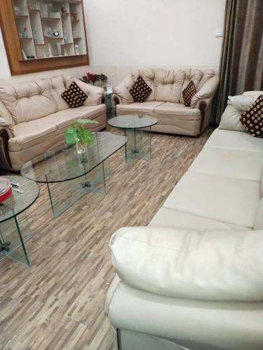 Paradise Living في فيصل آباد: غرفة معيشة مع كنب وطاولات بيضاء