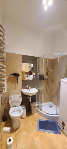Centrally located cozy apartment في كراكوف: حمام مع دش ومرحاض ومغسلة