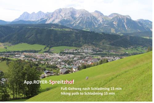 a green hill with a town and mountains in the background at Pension Spreitzhof & Appartement Royer in Schladming