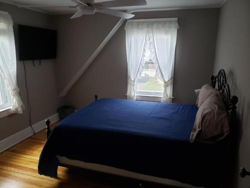 a bedroom with a blue bed and a window at Grand Central - Pet friendly 3 BR 2 Bath in Johnson City